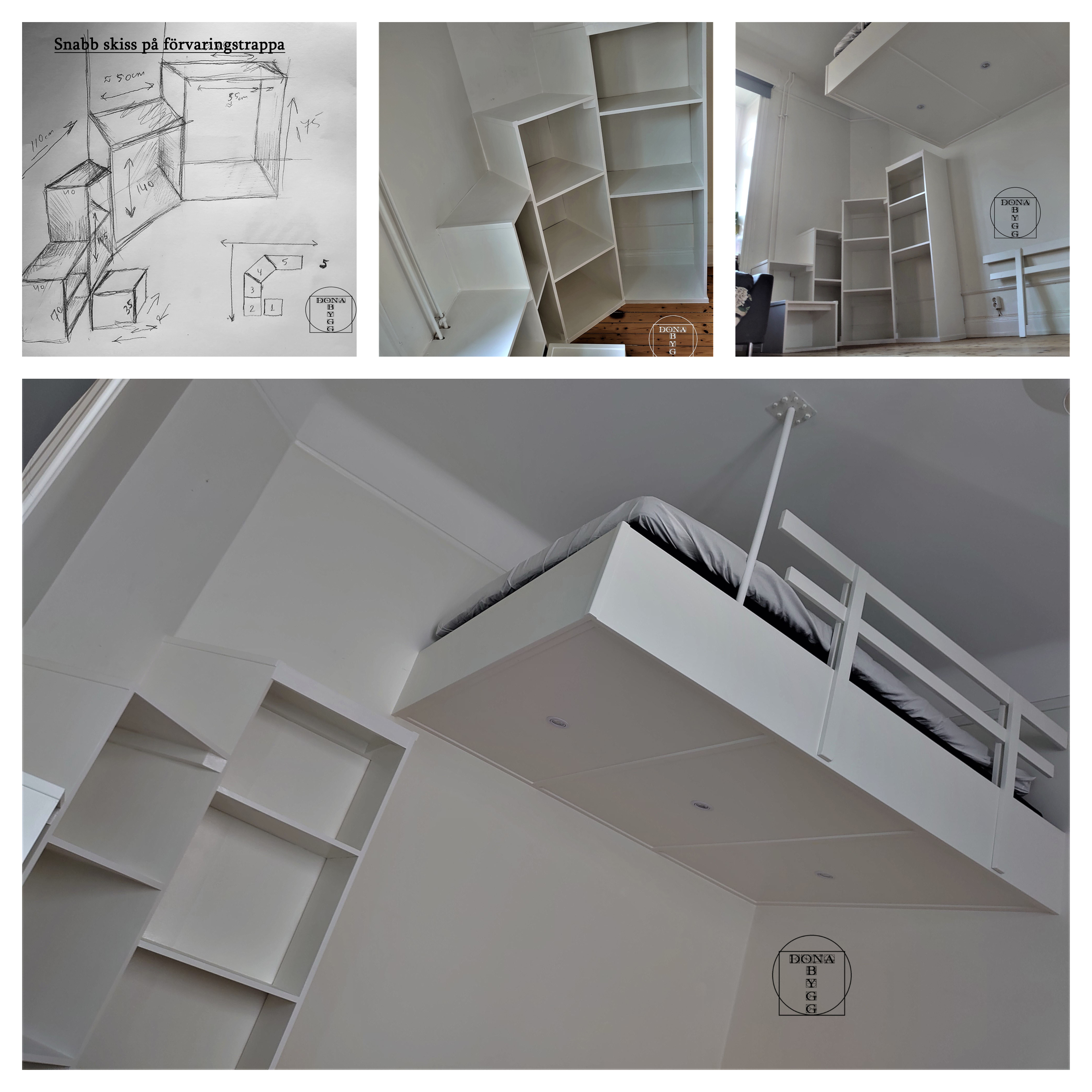 Whitepainted pine loftbed 140x200 + storage staricase (corner)